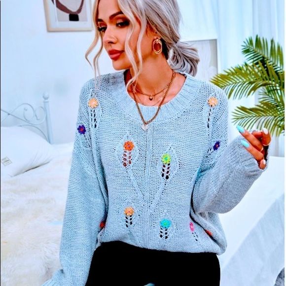 NWT! COLORFUL FLOWER HAND EMBROIDERED DROP SHOULDER POINTELLE KNIT SWEATER-GRAY! - Picture 10 of 14